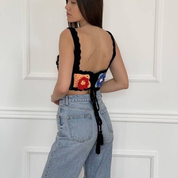 Maridruna Handmade Knit Festival Rainbow Multicolor Hippie Crochet Crop Top Sz M - Picture 4 of 10